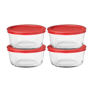 SnugFitTM Round Food Storage Containers with Lids (4-Piece by Anchor Hocking – 4 Cup, 4.0 cups, Glass, Red, Pack of 4
