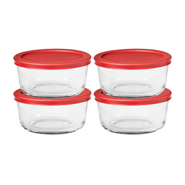 SnugFitTM Round Food Storage Containers with Lids (4-Piece by Anchor Hocking – 4 Cup, 4.0 cups, Glass, Red, Pack of 4