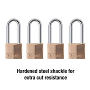 Master Lock 4 Pack / Extra Long Shackle / Brass, Silver Keyed Padlocks