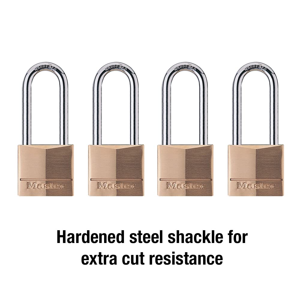 Master Lock 4 Pack / Extra Long Shackle / Brass, Silver Keyed Padlocks