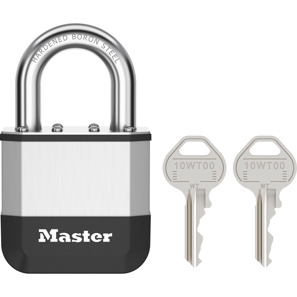 Elite™ 52mm Laminated Padlock by Master Lock – Laminated Steel Boron Steel Aluminium Rubber Nickel, Gray, Model PK5EURD