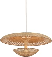 Troy Lighting Draco 4-Light Pendant | Bronze Leaf Finish | Handwoven Natural Wicker Shade | Mid-Century Reflector Inspired Ceiling Light | Sculptural Artisanal Design | 40" W x 20" H | F6240-BRL