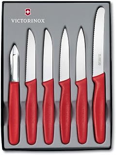 Victorinox 5.1111.6 Standard Vegetable Knife Set, 6 Pieces, Extra Sharp Blade, Robust Plastic Handle, Red, Made in Switzerland, Dishwasher Safe
