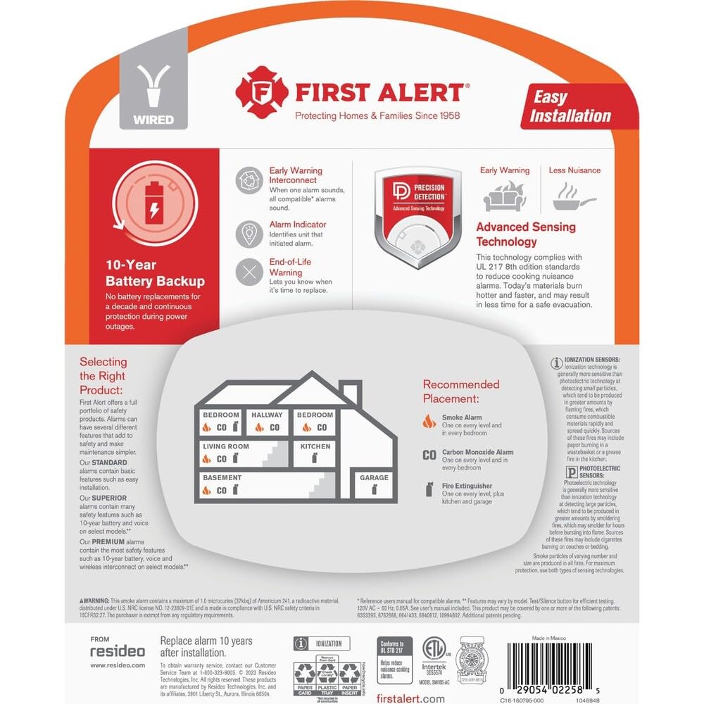 Interconnect Hard-Wired w/Battery Back-up Ionization Smoke Detector by First Alert – No Color, Model 1046848