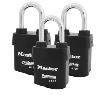 Three (3) High Security Pro Series Padlocks w/6 Keys by Master Lock – 3 Pack, Alloy Steel, Black, Pack of 3, Model 6121NKALF-4