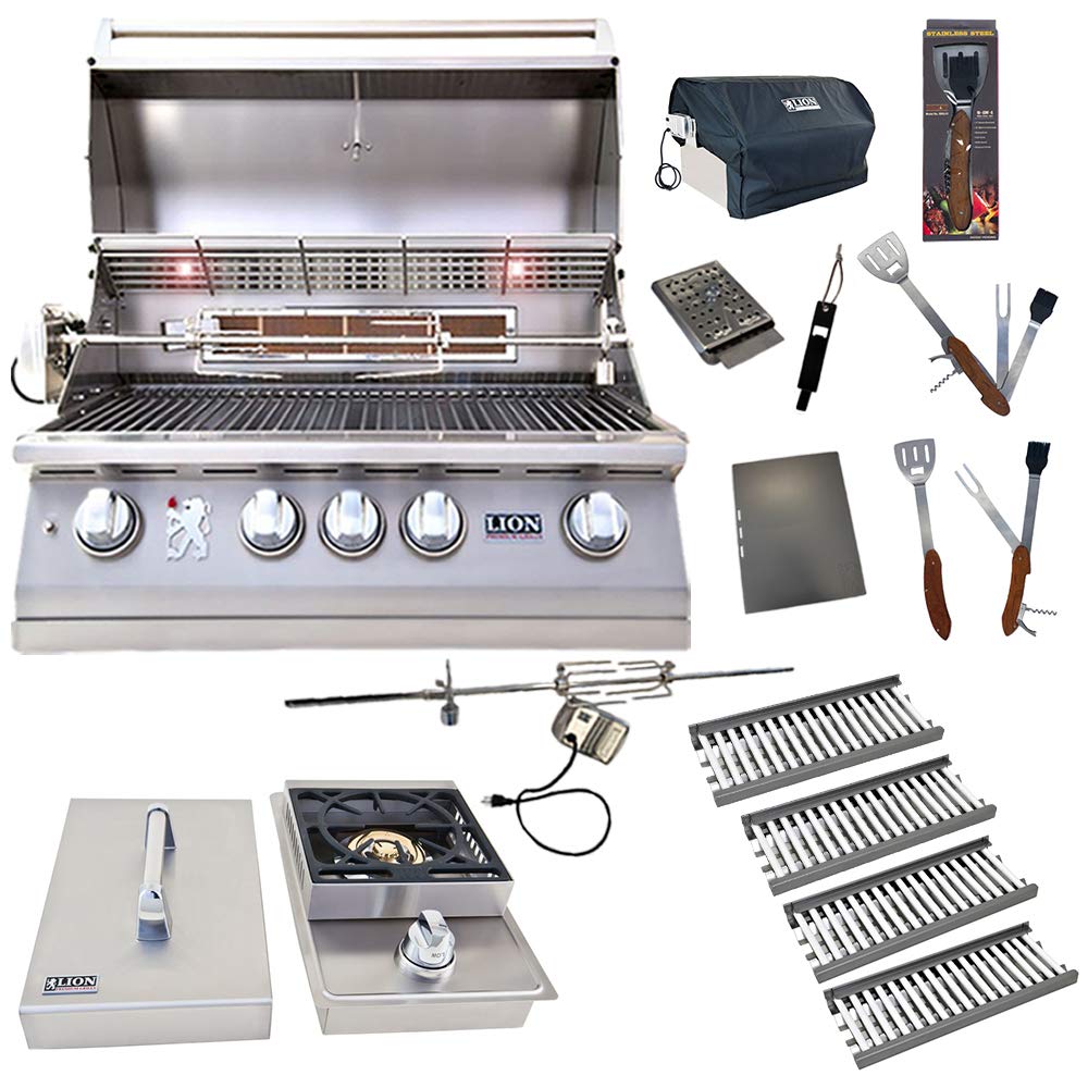 32-Inch Propane Grill L75000 with 4 Ceramic Tubes w/ Flame Tray and Single Side Burner and 5 in 1 Tool Set Best of Backyard Gourmet Package Deal by Lion Premium Grills – Model bbq