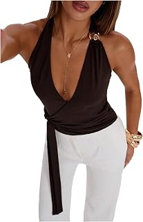Women's Wrap Halter Tops Tie Back Metal Summer Party Cocktail Tank Tops