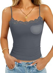 Womens Built in Bra Lace Tank Tops Going Out Double Lined Cami Shirt