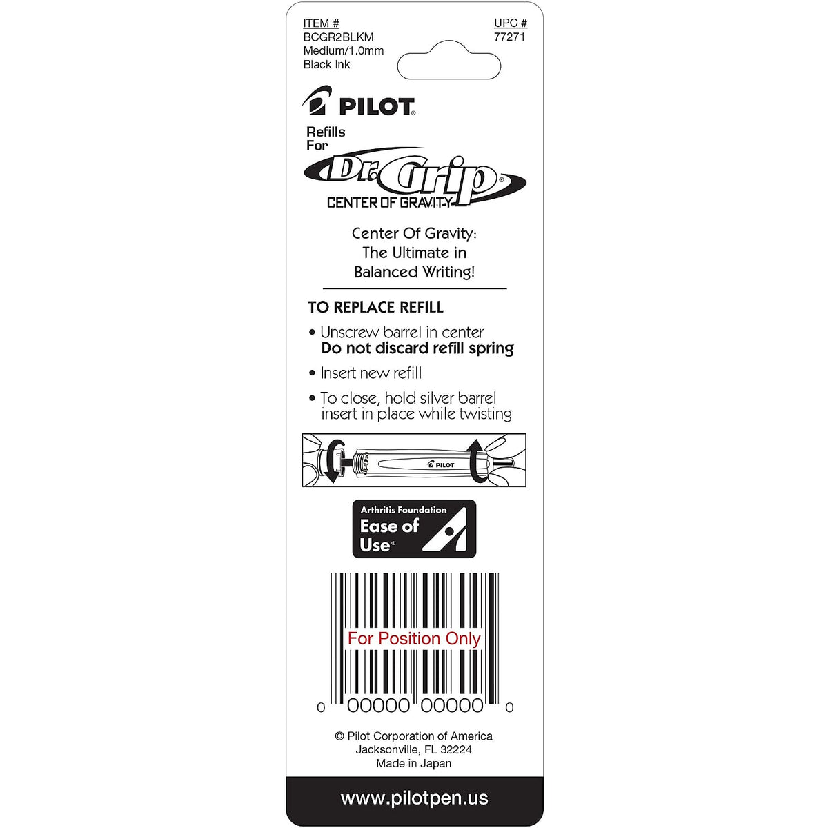 Dr. Grip Center of Gravity Ballpoint Ink Refill by PILOT – 2 Count (Pack of 1), Plastic, Black, Model 77271