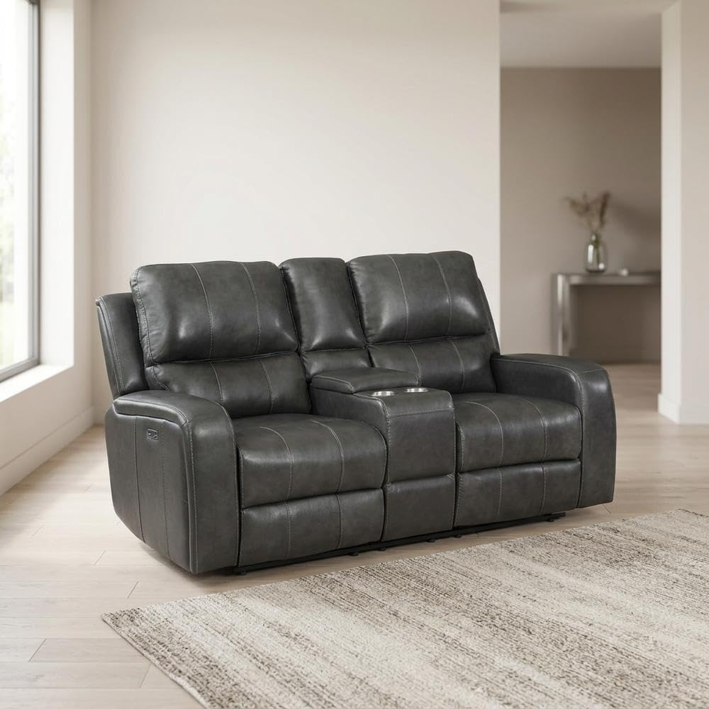 Leather-Upholstered Loveseat with Power Console by Starlight Canyon Home – Hardwood anhd Plywood frame, Full leather front, Grey