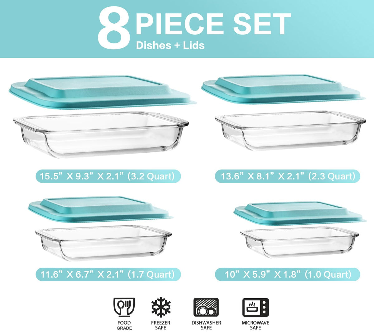 M MCIRCO Glass Bakeware Set with Lids, 8 Piece, Green