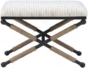 Furnifact Cotton-Upholstered Accent Stool with Striped Woven Seat and Iron Base, Padded Ottoman Foot Stool for Bohemian Living Room, Beige