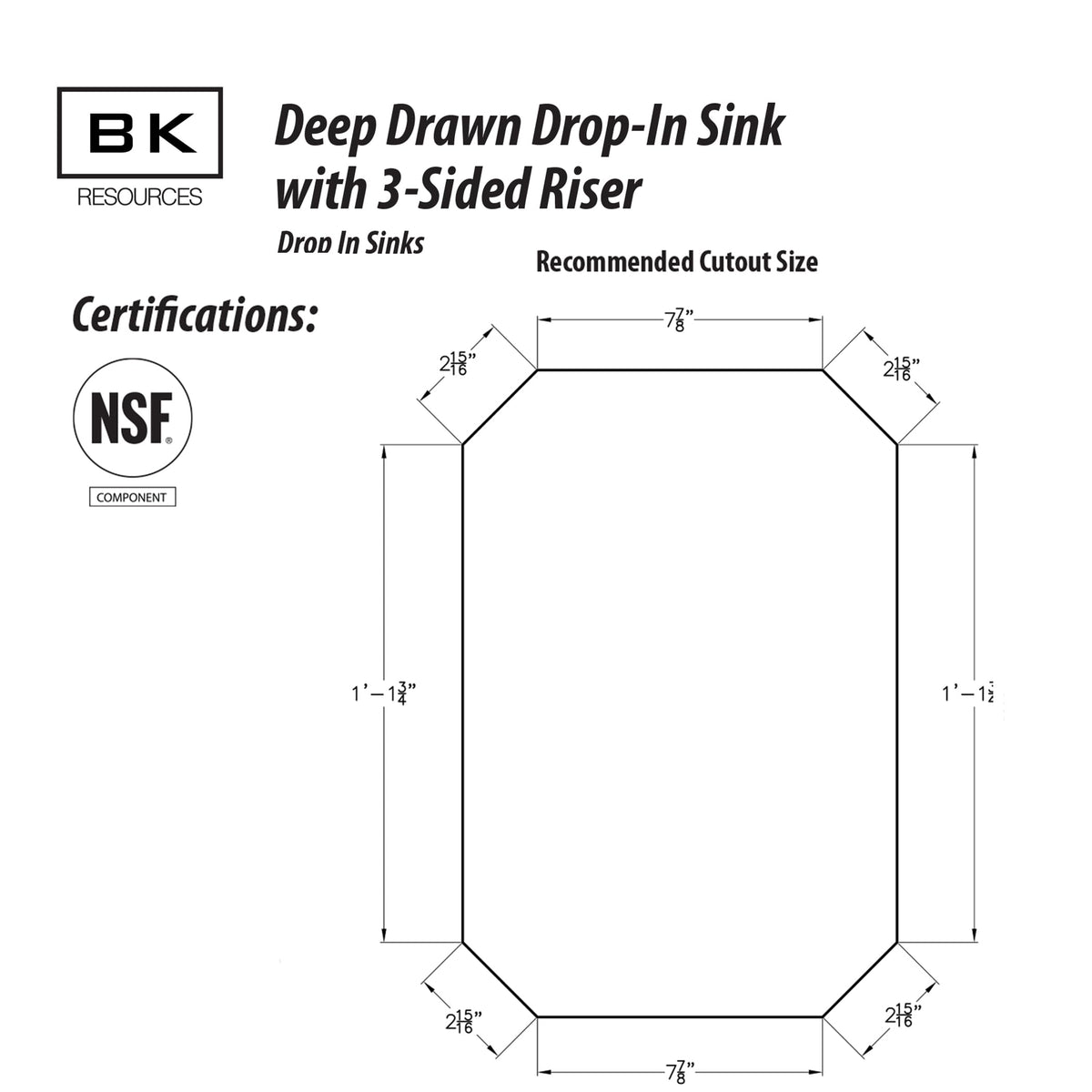 BK Resources NSF Commercial One Compartment Drop in Sink with Faucet – 10 x 14 x 5 inches, Stainless Steel, Silver, Model DDI-1014524S-P-G