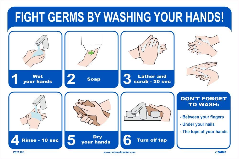 WASHING YOUR HANDS 12X18 VINYL POSTER by NMC – 12" X 18", UNRIPPABLE VINYL POSTER PAPER, Black/White/Blue, Model PST138C