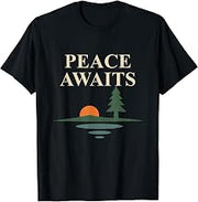 Peace Awaits Lakeside Sunset Evergreen Scenic Horizon T-Shirt