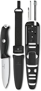 Victorinox Venture Pro Fixed-Blade Full Tang Outdoor Knife, Black | Survival gear with bow drill divot, protective sheath, fire steel, blowtube, hex hole, tweezers, and ballpoint pen