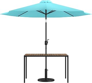 Flash Furniture Lark 3 Piece Outdoor Patio Table Set - Natural Faux Teak Dining Table - 30" x 48" Synthetic Teak Patio Table with Teal Umbrella and Base | Synthetic Teak Table, Included Base, Durable Construction, Commercial Use