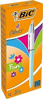 BIC 4 Colours Fun Retractable Ballpoint Pens - Box of 12 with Light Blue Pastel Barrel and Medium Point (1.0 mm)