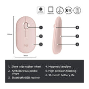Pebble Wireless Mouse with Bluetooth or 2.4 GHz Receiver - Pink Rose by Logitech – One Name, Rubber, Rose, Model 910-005769