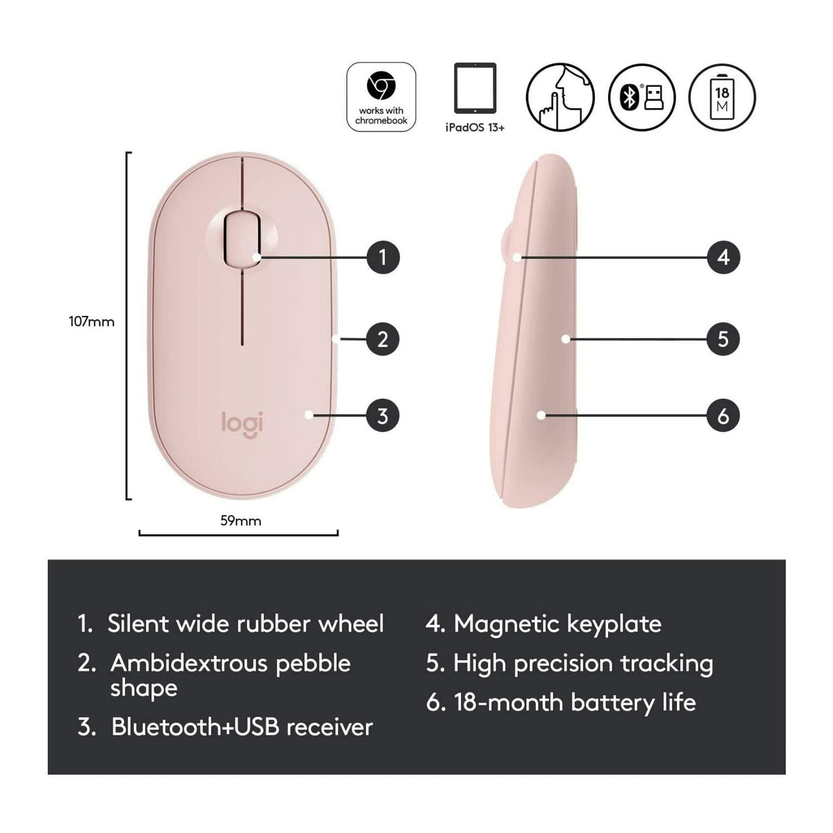 Pebble Wireless Mouse with Bluetooth or 2.4 GHz Receiver - Pink Rose by Logitech – One Name, Rubber, Rose, Model 910-005769