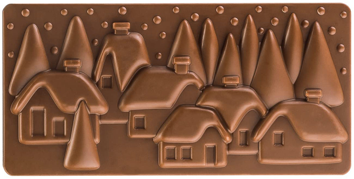 Polycarbonate Chocolate-Bar Mold with Three Xmas-Village Cavities by Pavoni – 77mm x 154mm x 10mm H, Polycarbonate, Xmas Village, Model PC5038