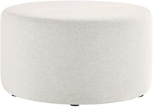 White Ottoman, Round Woven Fabric Upholstered, Patio, Garden, Balcony, Comfortable Seating, Versatile Accent, Durable Construction