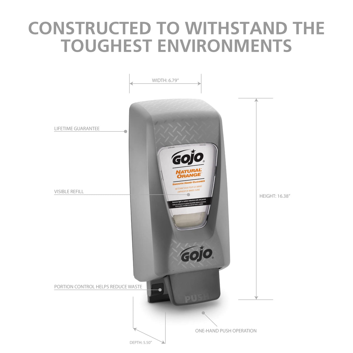 PRO TDX Manual Hand Soap Dispenser by GOJO – Large, Durable ABS Plastic with rugged polycarbonate view windows (both recycling code number 7)., Gray, Model 7200-01