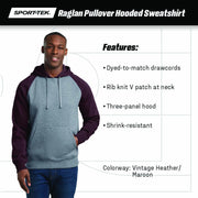 Unisex Raglan Colorblock Pullover Hooded Sweatshirt by SPORT-TEK – X-Small, Polyester Blend, True Royal/ Vintage Heather, Model ST267
