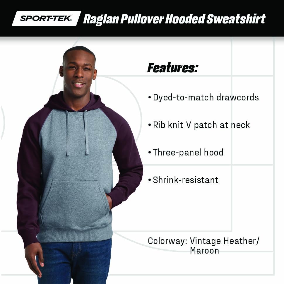 Unisex Raglan Colorblock Pullover Hooded Sweatshirt by SPORT-TEK – X-Small, Polyester Blend, True Royal/ Vintage Heather, Model ST267