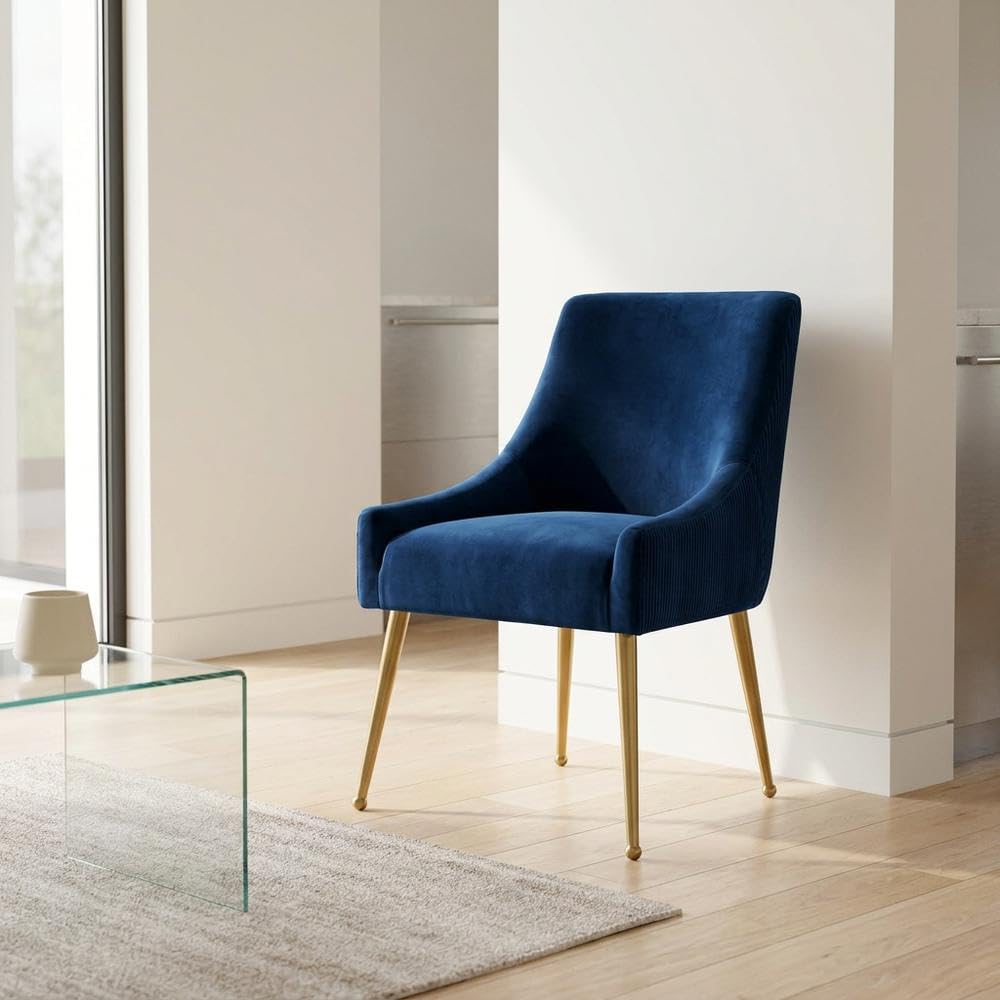 Velvet-Upholstered Side Chair with Pleated Back by Starlight Canyon Home – Velvet, Navy