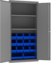 Durham 3602-BLP-14-2S-5295 Lockable Cabinet with 14 Blue Hook-On Bins, 2 Adjustable Shelves, Flush Door Style, 36" Wide, 14 Gauge, Gray