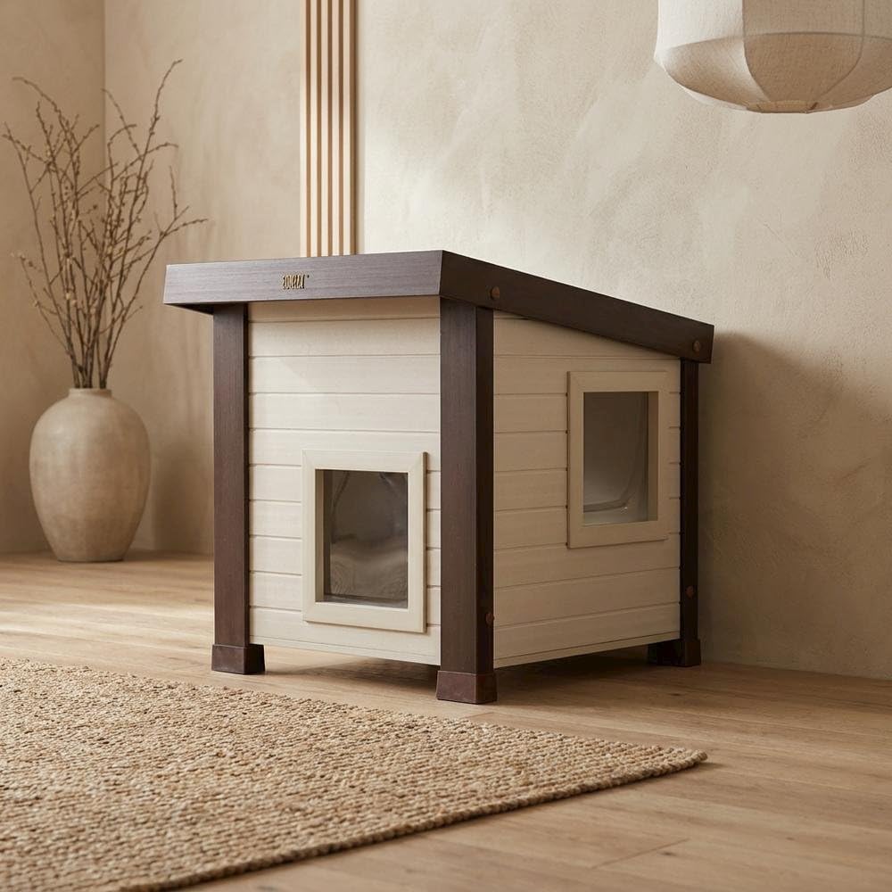 Durable Engineered Wood Composite Outdoor Cat Shelter in Maple with Rainproof Design by Bison Pets – Engineered Wood Composite, Maple