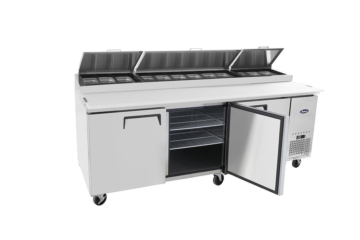MPF8203 93" Pizza Prep Table Three Door Refrigerator 2 Year PARTS + LABOR / 5 Year Compressor WARRANTY by Atosa – 93", 26.0 cubic_feet, Model MPF8203GR