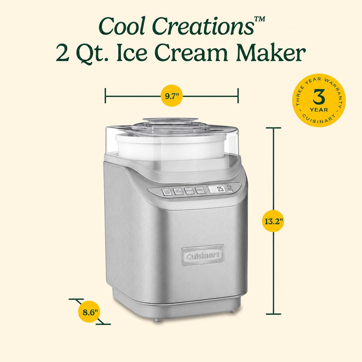 Ice Cream Maker Machine by Cuisinart – 2-Quarts, Stainless Steel/White Bowl, Model ICE-70WB