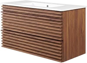 Furnifact Walnut White Wall-Mount Bathroom Vanity, Single Ceramic Sink, MDF Cabinet, 36 Inch, Centerset Faucet Ready, Freestanding