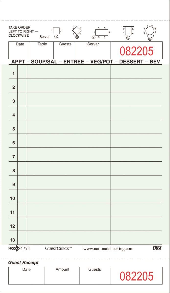 G4774SP NCC 1 Pt 13 Line Guest Check Cardboard 4.20" x 7.25" Green 2500 / cs 50 Books / 50 SW