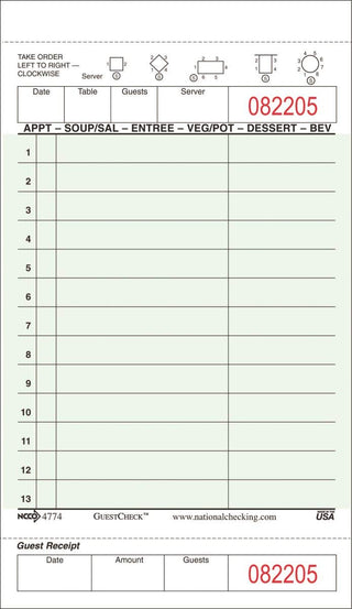 G4774SP NCC 1 Pt 13 Line Guest Check Cardboard 4.20" x 7.25" Green 2500 / cs 50 Books / 50 SW
