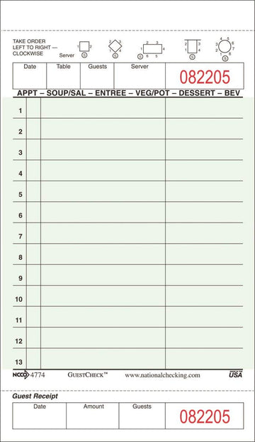 G4774SP NCC 1 Pt 13 Line Guest Check Cardboard 4.20" x 7.25" Green 2500 / cs 50 Books / 50 SW