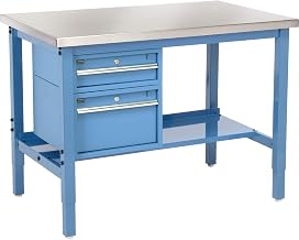 Global Industrial 48"W x 30"D Workbench, 1-1/2" Thick SS Square Edge with Drawers & Shelf, Blue