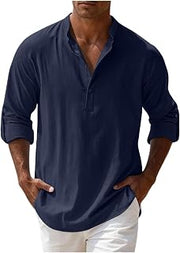 Men Casual Linen-Like Shirts Long Sleeve Button Solid Color Summer Shirt