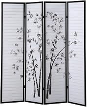 FurniFact Black 4-Panel Wood Room Divider, Folding Screen, Rice Paper Panels, Bamboo Print, Oriental Style, 71 Inch, Freestanding