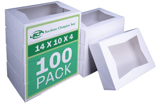 Southern Champion Tray 24263 Paperboard White Window Bakery Box – 14" Length x 10" Width x 4" Height (Case of 100)