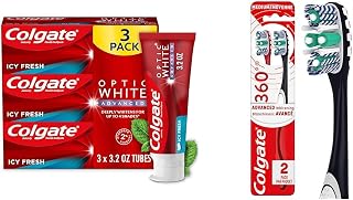Colgate Optic White Advanced Teeth Whitening Toothpaste, 2% Hydrogen Peroxide Toothpaste & 360 Optic White Advanced Toothbrush, Medium Toothbrush for Adults,2 Count (Pack of 1)