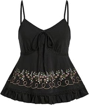 Women's Floral Embroidery Tie Front Ruffle Hem Cami Tops