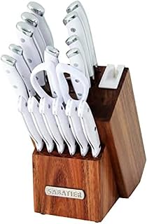 Sabatier Forged Triple Rivet Knife Block Set with Built-In Edgekeeper Sharpener, 18-Pieces, High-Carbon Stainless Steel Kitchen Knives, Razor-Sharp Knife set with Acacia Wood Block, White