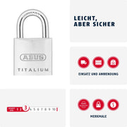 64Ti/20 20mm Titalium Padlock Keyed Alike KA by ABUS – 20 mm, Hardened Steel Chrome, Multicolor, Pack of 12, Model ABUKA56180