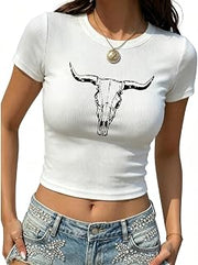 Boho Cow Skull Shirt Women Western Cowgirl Country Concert Ribbed Crop Tops