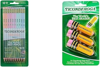 Pastel Pencils, 2 Soft, Assorted Colors, Pack Of 10 Pencils and TICONDEROGA Erasers, Pencil Shaped, Latex-Free, Yellow, 3-Pack (38953)