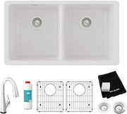 Elkay Quartz Classic 33" x 18-1/2" x 9-1/2" Equal Double Bowl Undermount Sink Kit with Filtered Faucet White