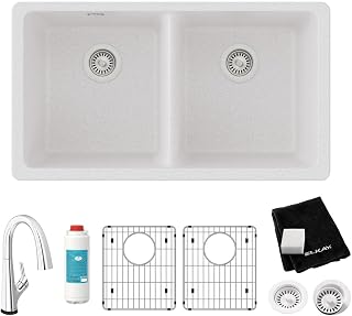 Elkay Quartz Classic 33" x 18-1/2" x 9-1/2" Equal Double Bowl Undermount Sink Kit with Filtered Faucet White